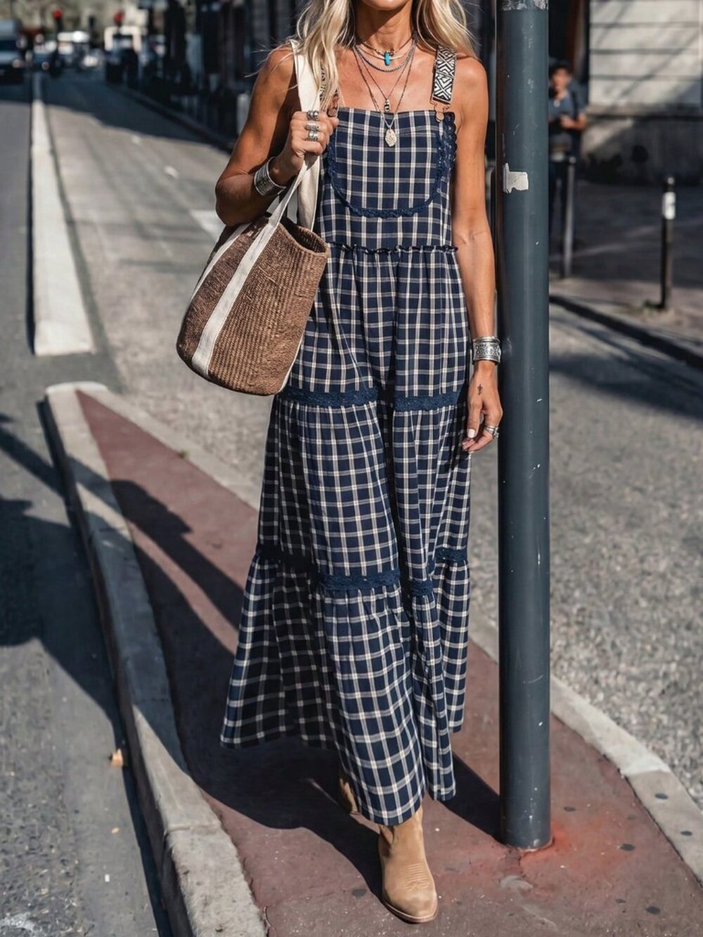 Navy Blue Casual Women's Plaid Adjustable Strap Tiered Midi Dress - Picture 3 of 5